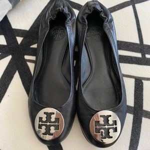 Tory Burch Black Flats with Silver Logo